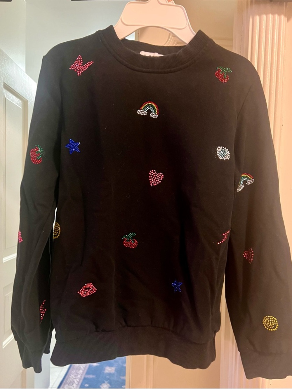Lola + The Boys Black Sweatshirt with Rhinestone Rainbow & Hearts